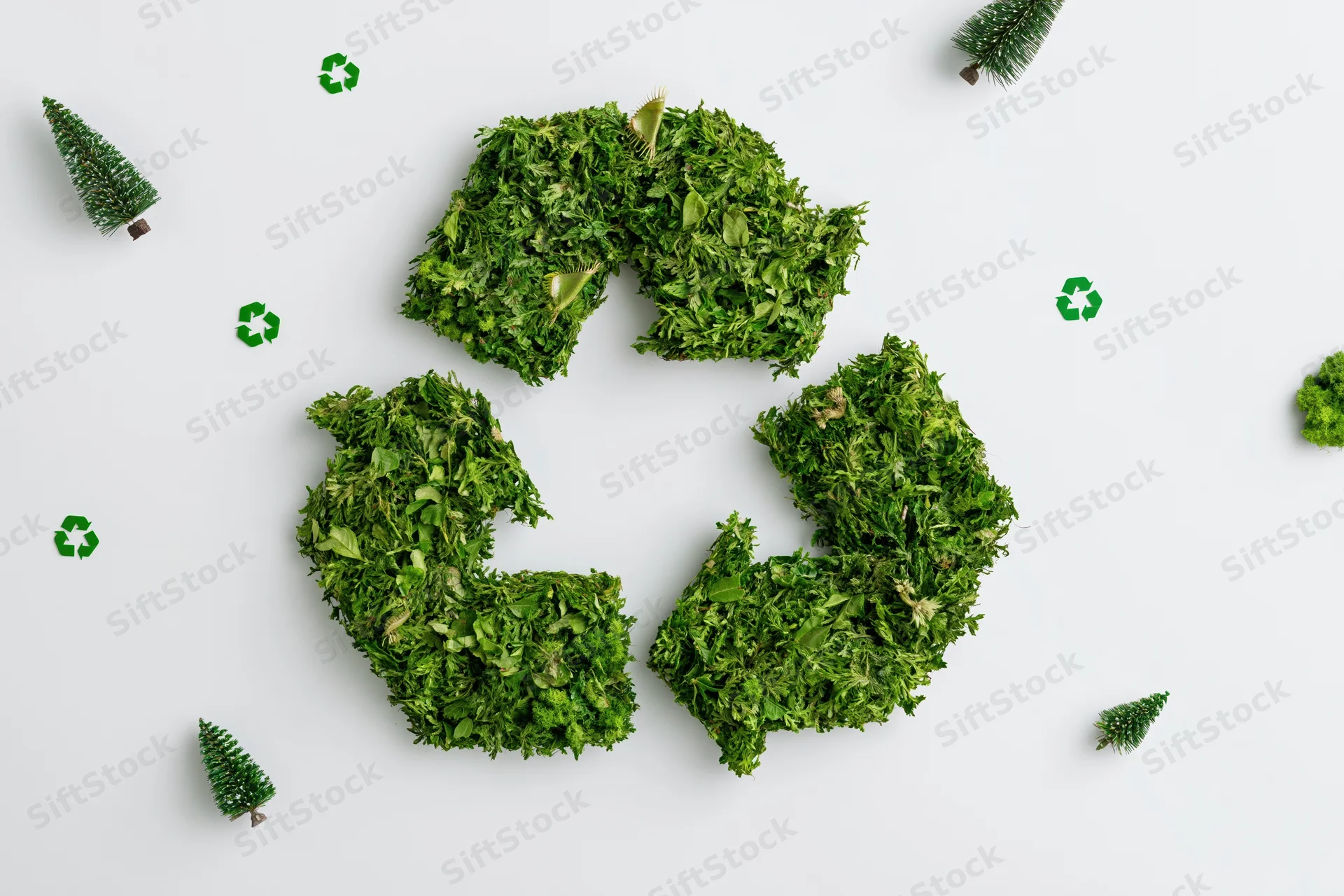 Recycling symbol made of green foliage on white background with small pine trees and recycle icons scattered around