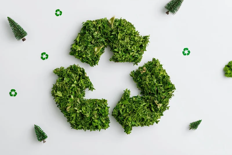 Recycling symbol made of green foliage on white background with small pine trees and recycle icons scattered around