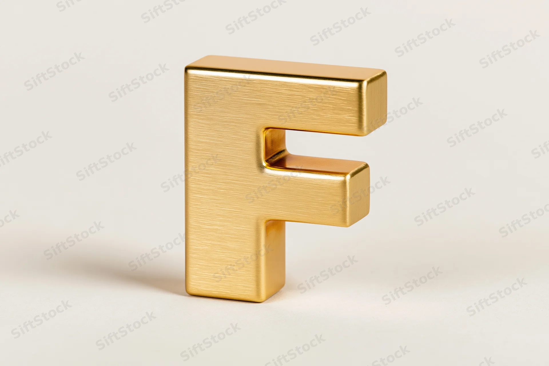 Golden three-dimensional letter f standing on white surface