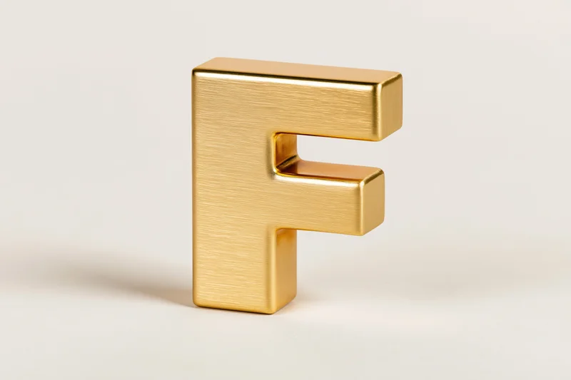 Golden three-dimensional letter f standing on white surface