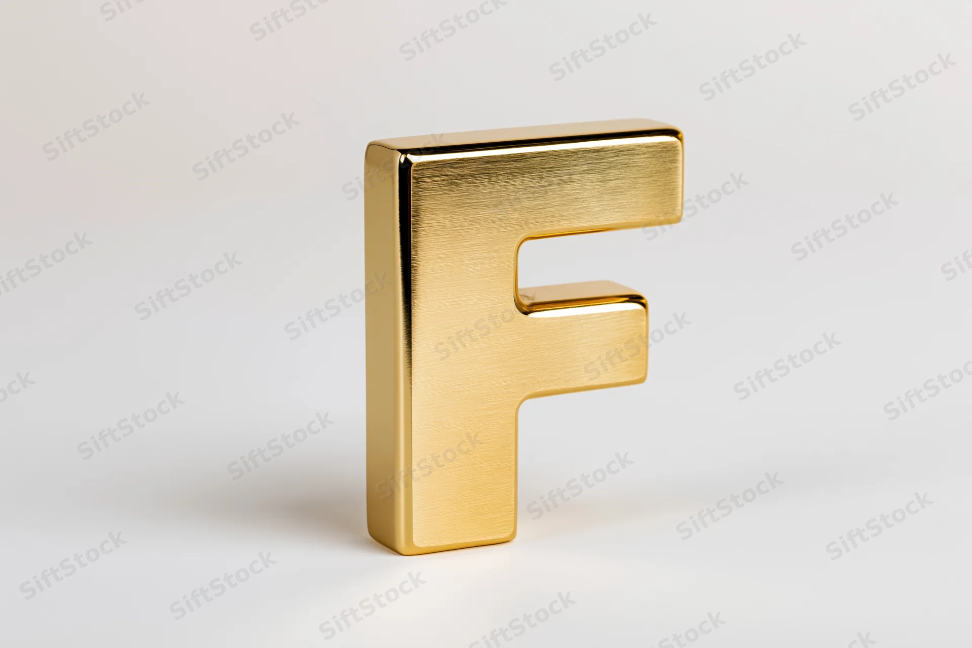 Polished gold three-dimensional letter f standing on white surface