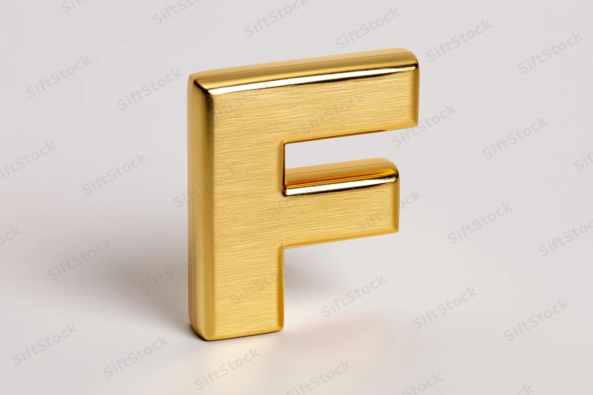 Golden three-dimensional letter f standing on white surface