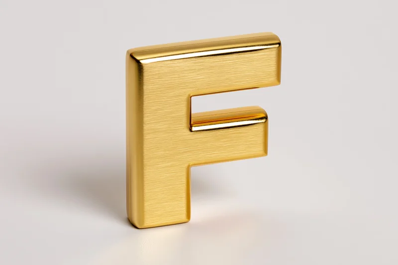 Golden three-dimensional letter f standing on white surface