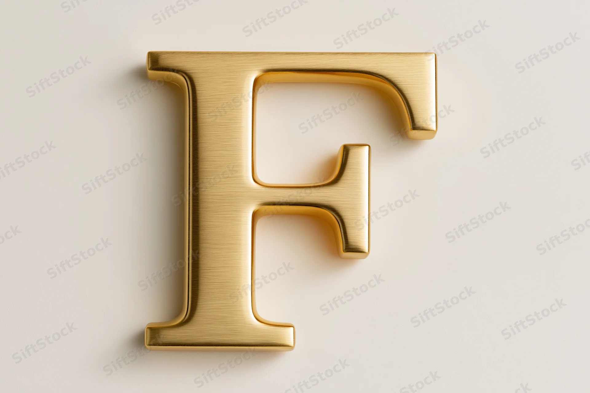 Large three-dimensional gold letter f on a plain background