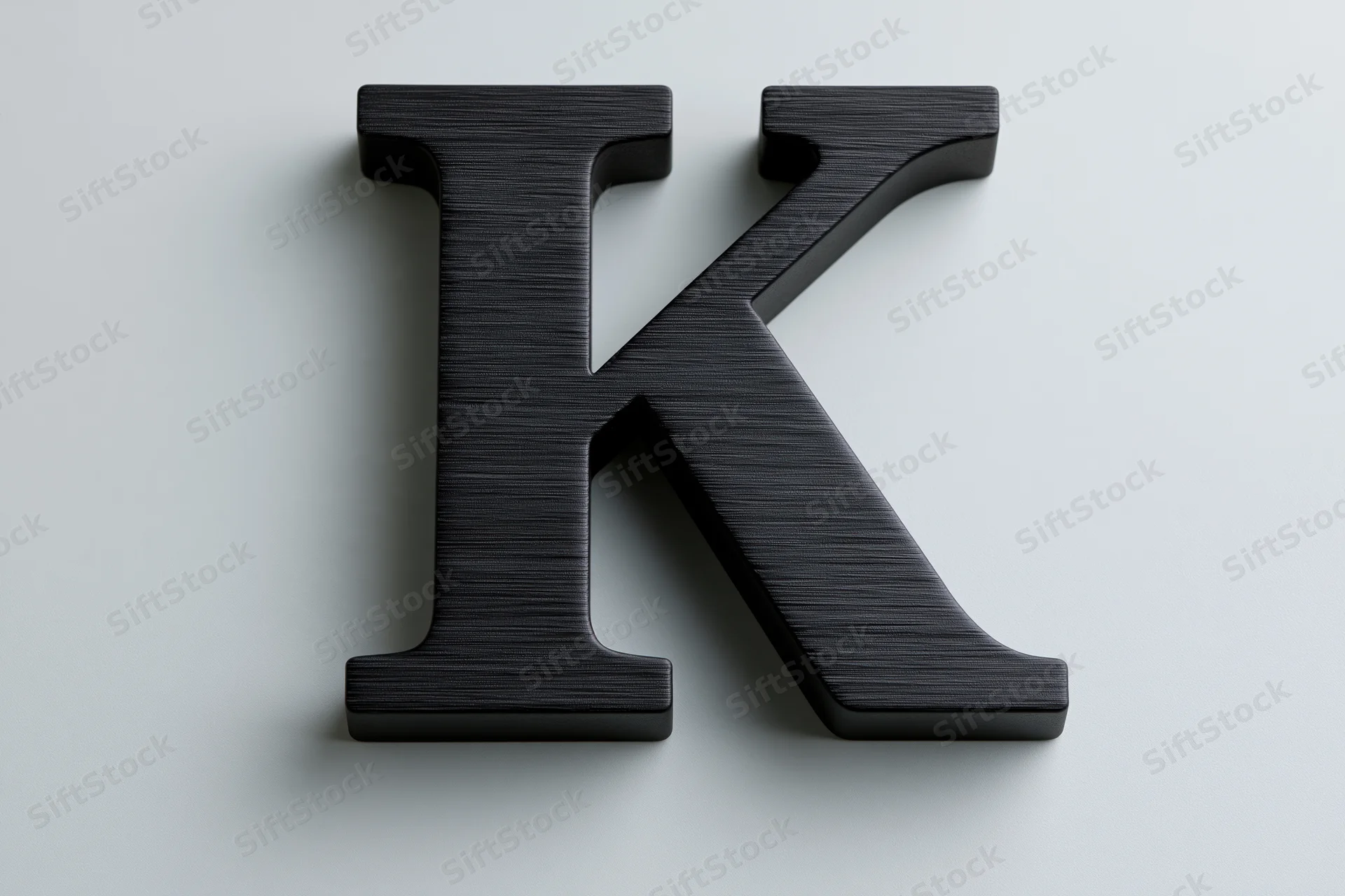 Large three-dimensional uppercase letter k in matte black on a white surface