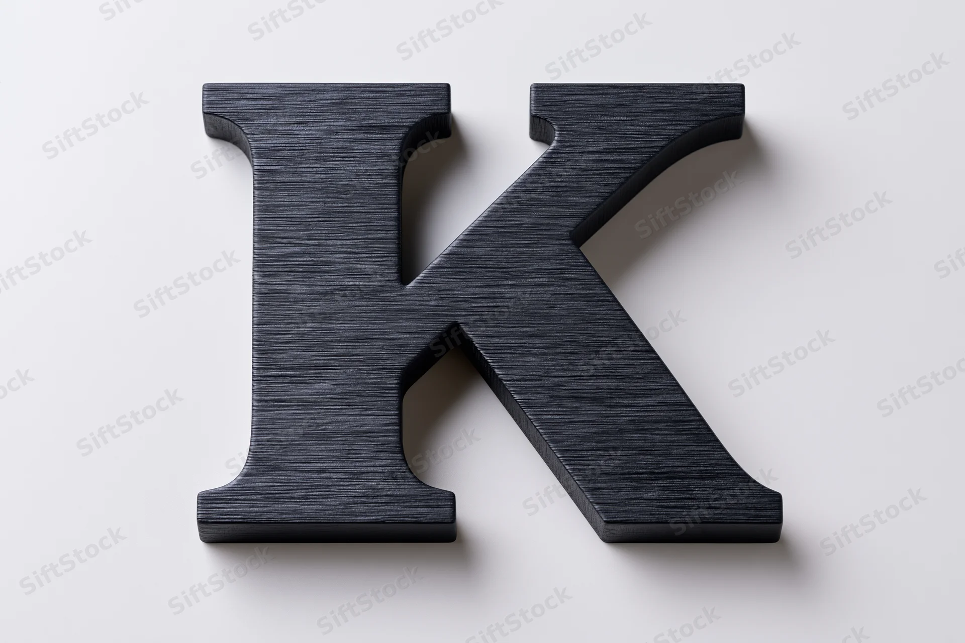 Large three-dimensional uppercase letter k in matte black on white background