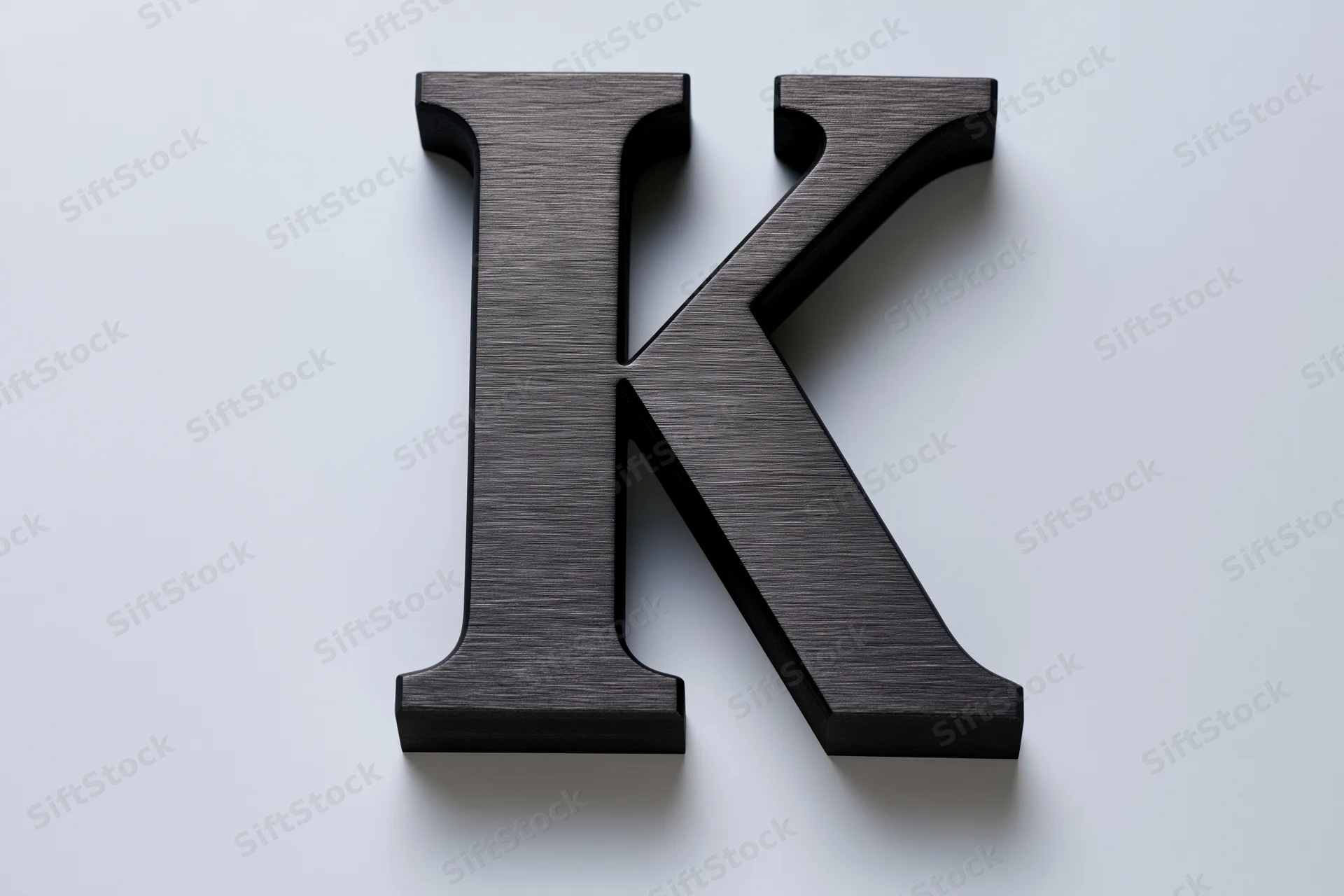 Large three-dimensional uppercase letter k in matte black wood texture on white background