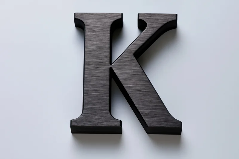 Large three-dimensional uppercase letter k in matte black wood texture on white background