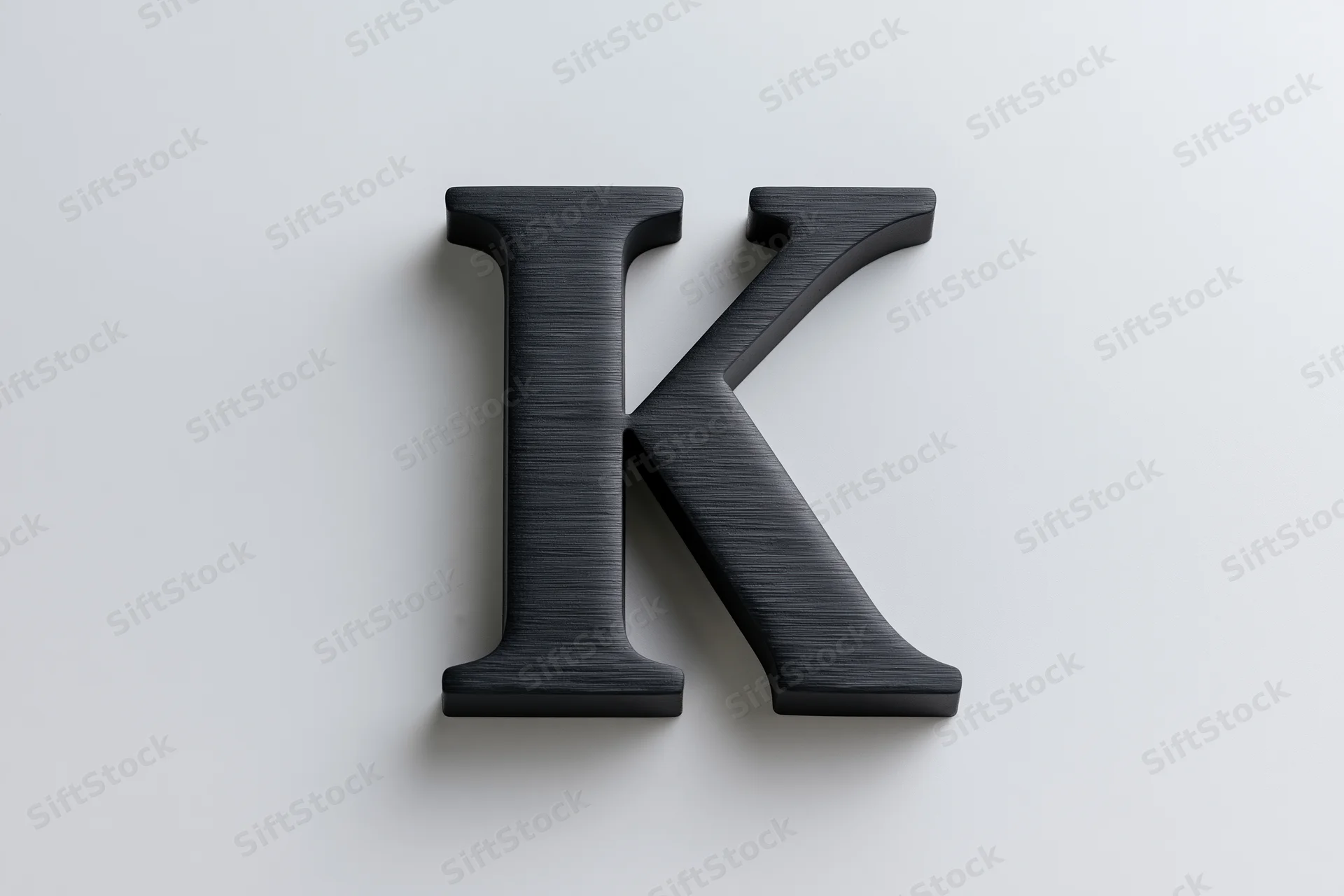 Large three-dimensional uppercase letter k in matte black on white background