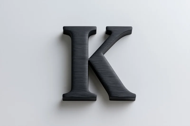 Large three-dimensional uppercase letter k in matte black on white background