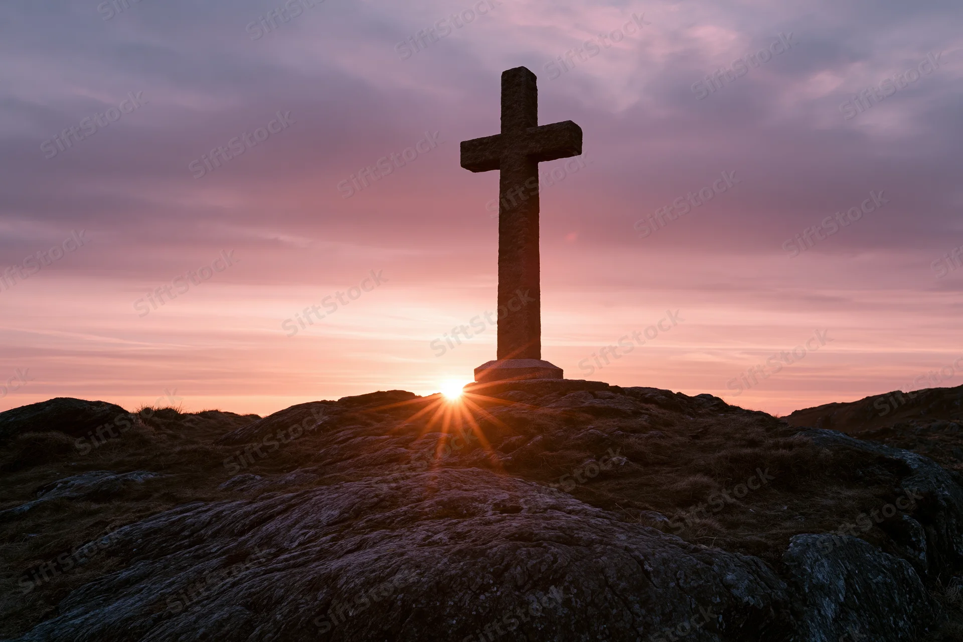Stone cross silhouetted on rocky hilltop at sunset