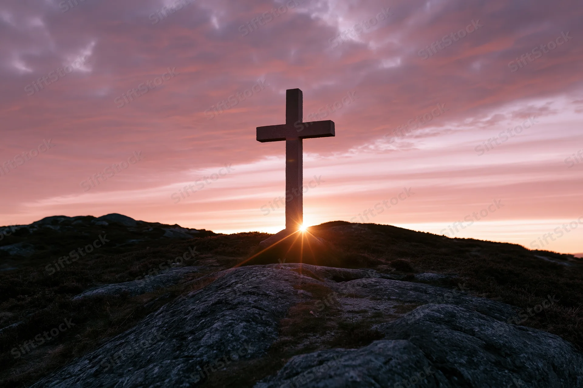 Stone cross silhouetted on rocky hilltop at sunset