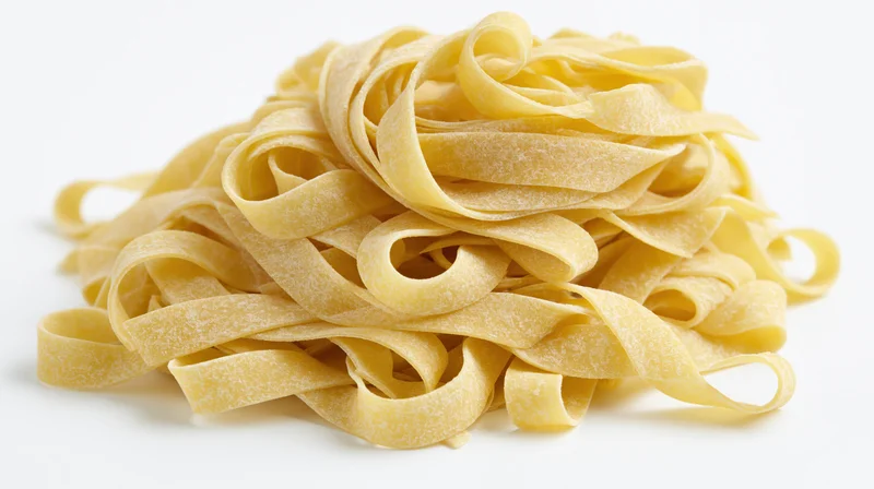 A pile of dry uncooked egg pasta noodles arranged in loose curls on a white background
