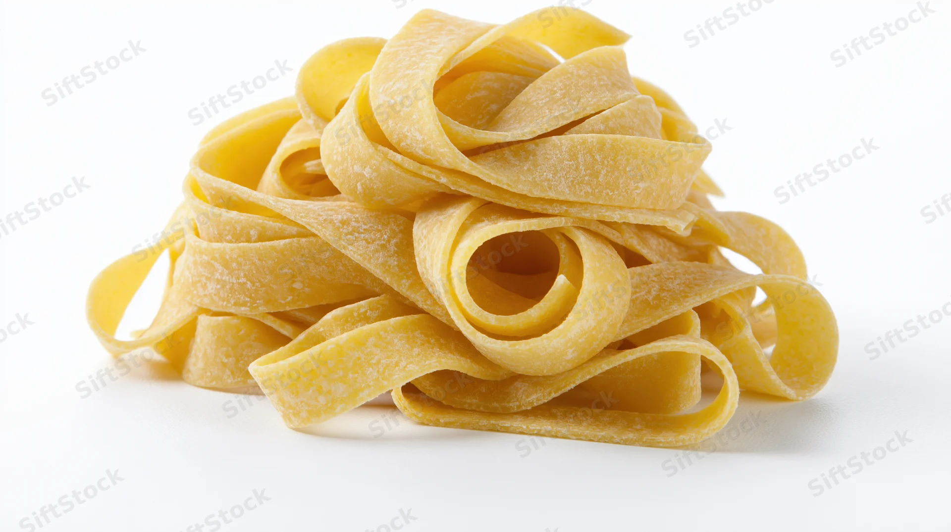 A pile of dry uncooked egg pasta noodles arranged in loose curls on a white surface