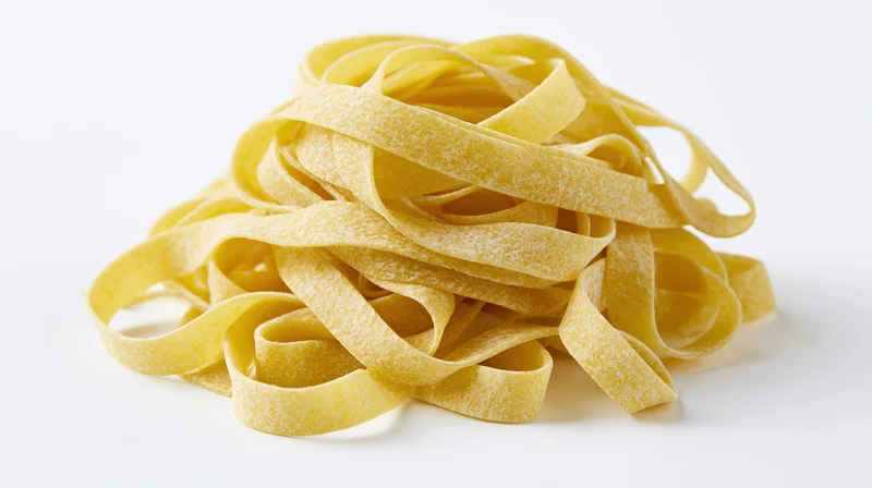 A pile of dry uncooked egg pasta noodles arranged in a loose heap on a white surface