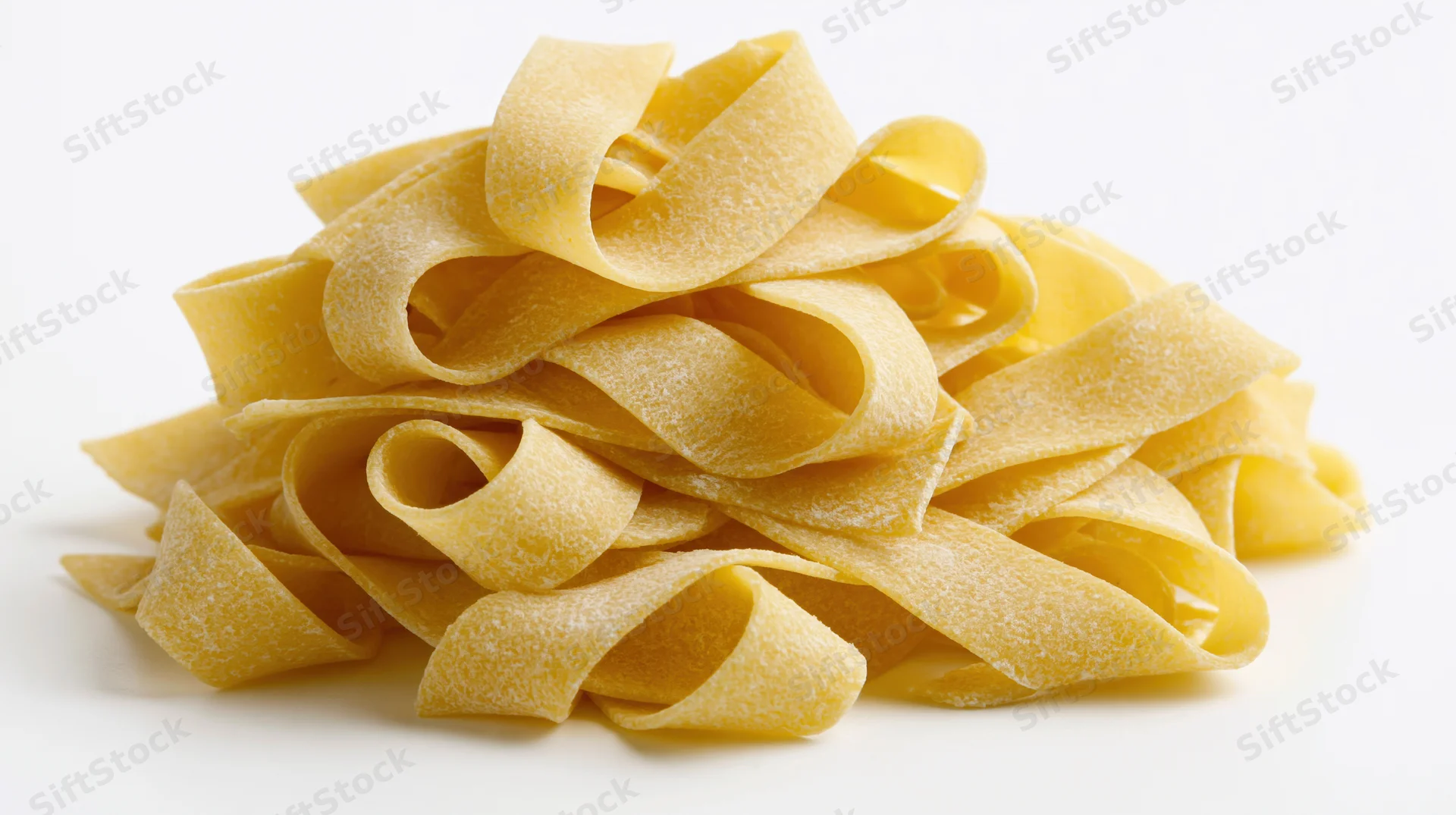 A pile of dry uncooked egg pasta noodles arranged in a loose heap on a white background