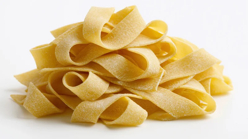 A pile of dry uncooked egg pasta noodles arranged in a loose heap on a white background