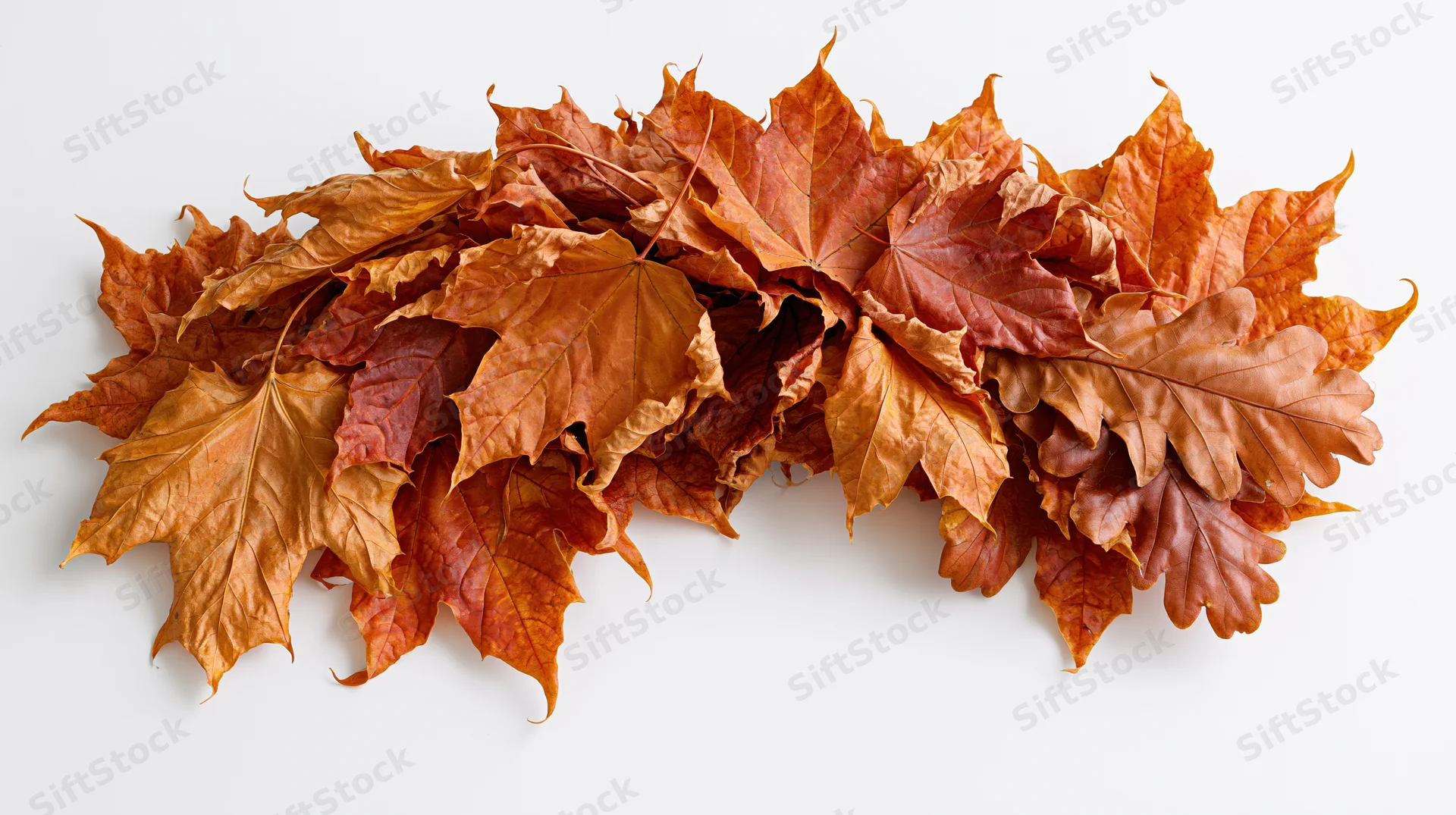 A pile of dried maple and oak leaves arranged on a white surface