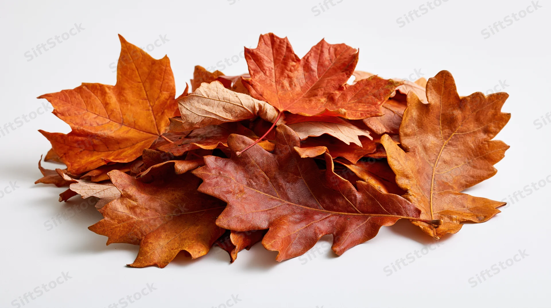A pile of dried maple and oak leaves arranged on a white surface