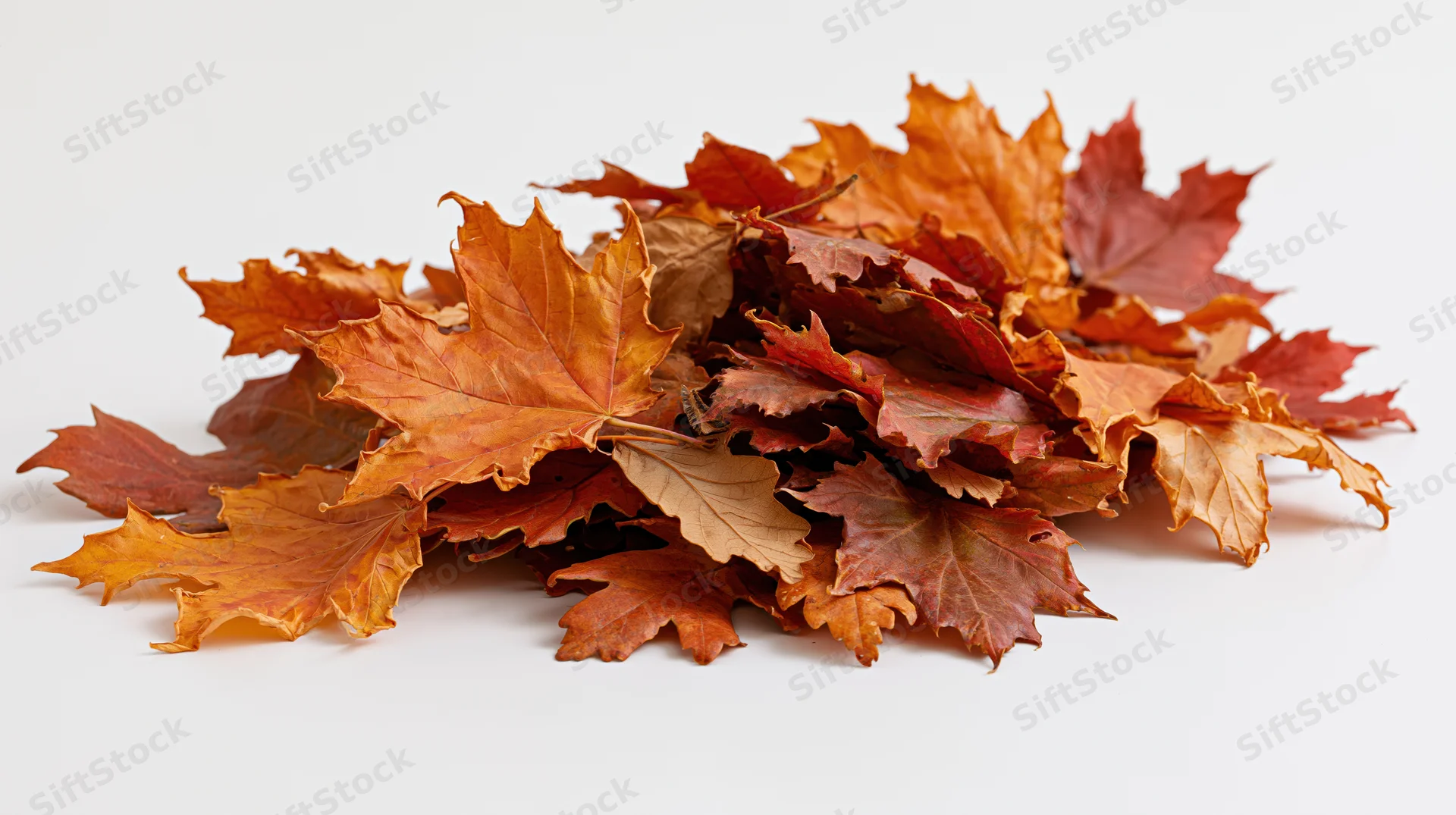 A pile of dried autumn maple and oak leaves on a white surface