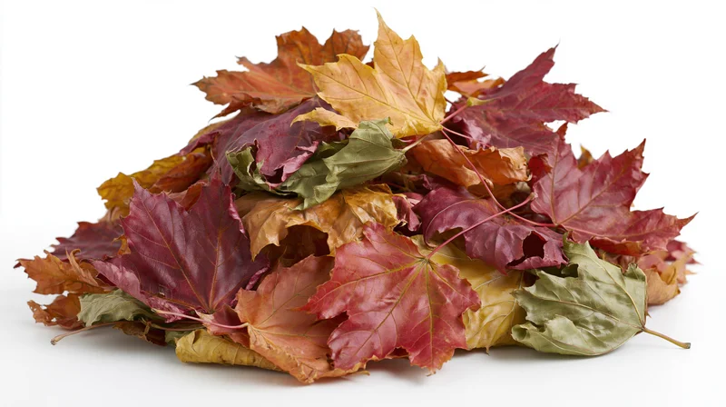 Pile of fallen autumn maple leaves heaped together on white background