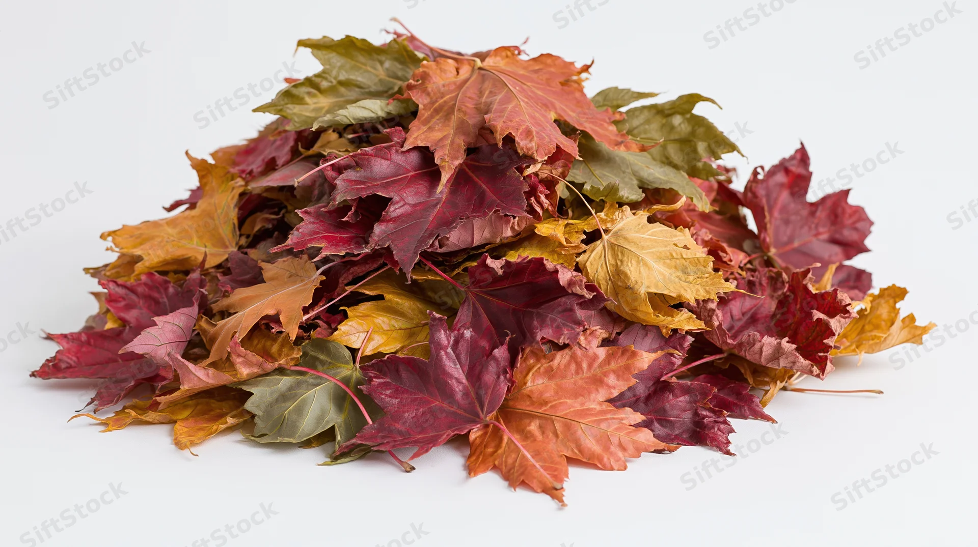 Pile of fallen autumn maple leaves heaped together on white background