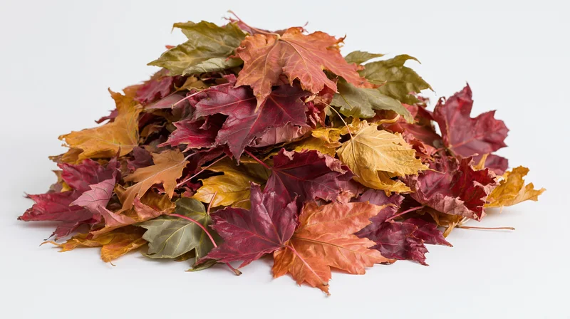 Pile of fallen autumn maple leaves heaped together on white background