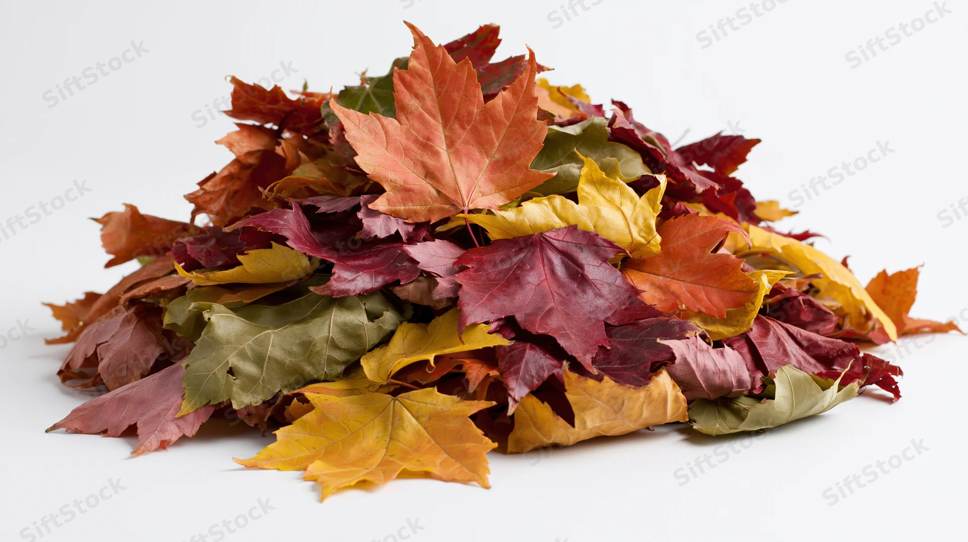 A pile of fallen autumn maple leaves heaped together on a white surface
