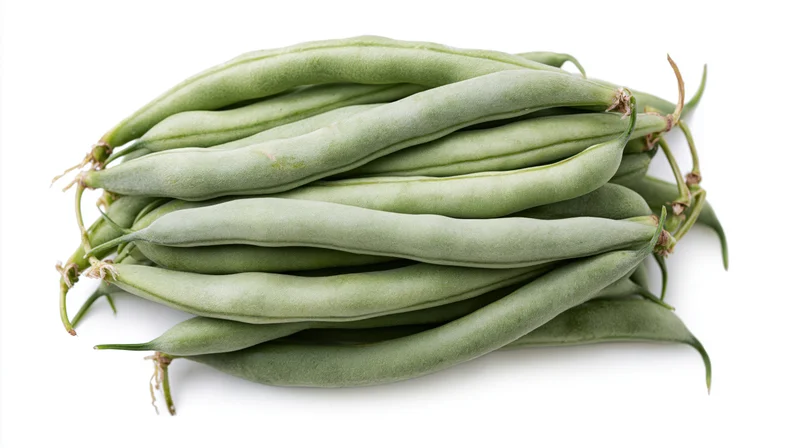 Pile of fresh raw green beans stacked horizontally on white background