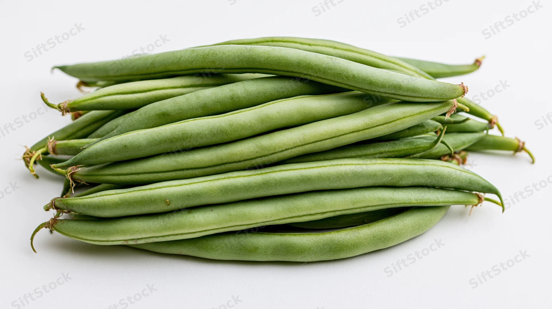 Pile of fresh raw green beans stacked horizontally on white background