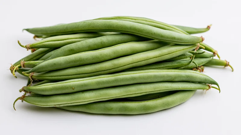 Pile of fresh raw green beans stacked horizontally on white background