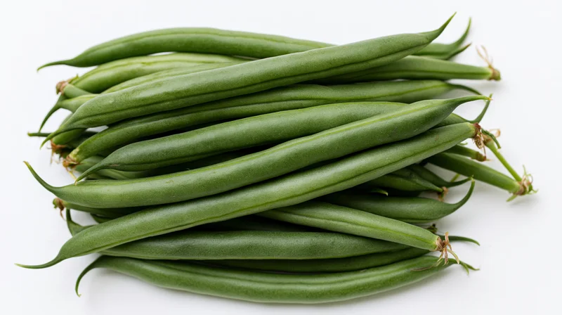 Pile of fresh raw green beans stacked horizontally on white background