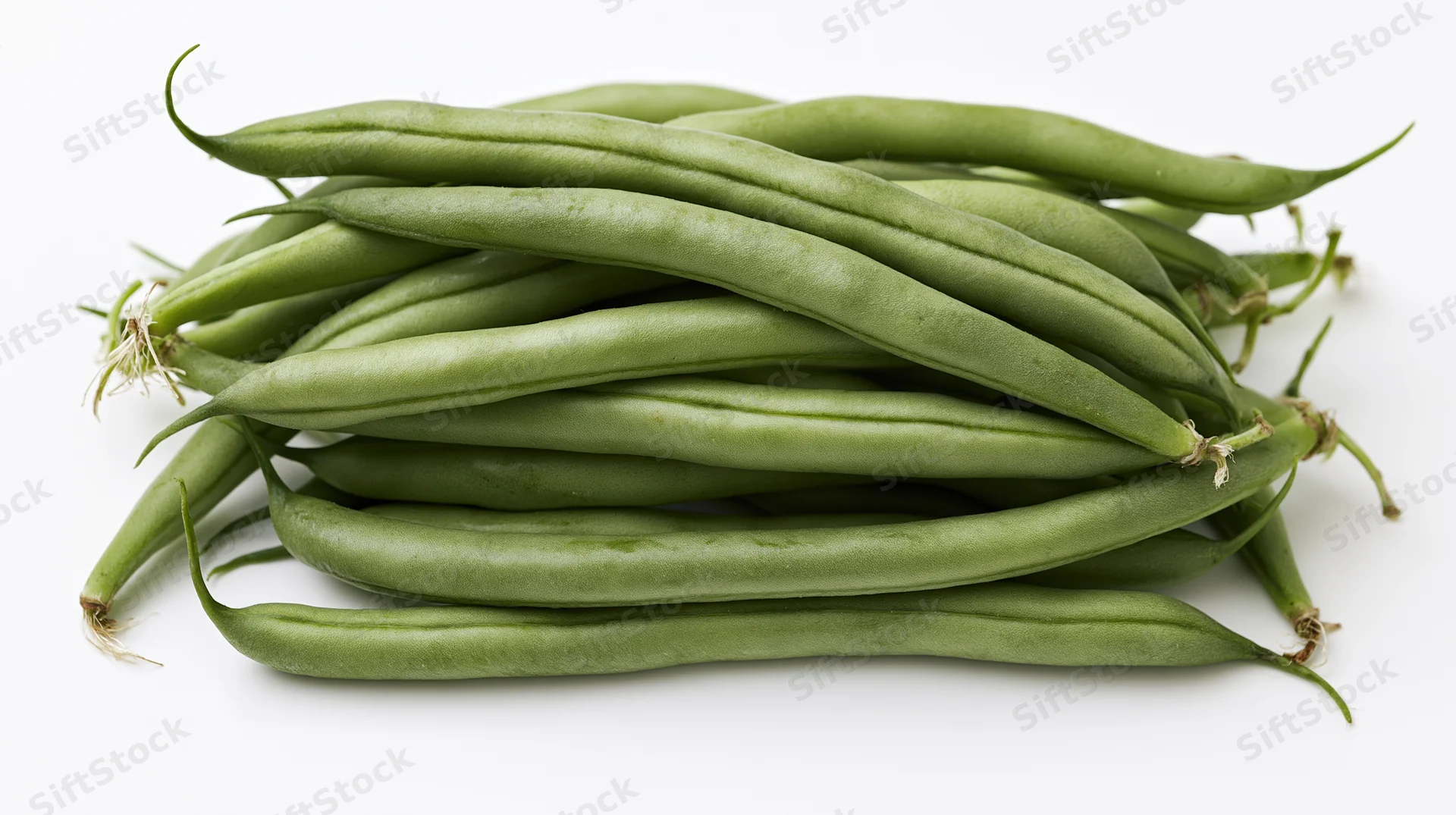 Pile of fresh raw green beans stacked horizontally on white background
