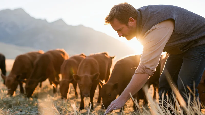 Male farmer leaning forward to touch grazing cattle in a pasture at sunset