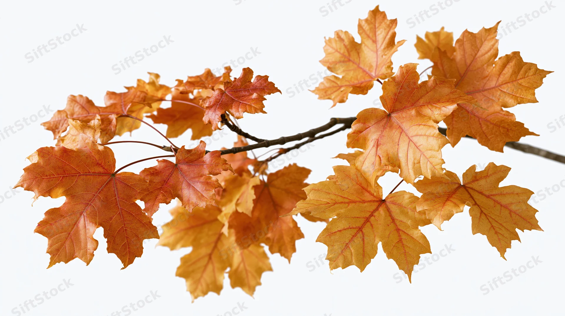 Maple branch with clusters of orange and red autumn leaves isolated on white