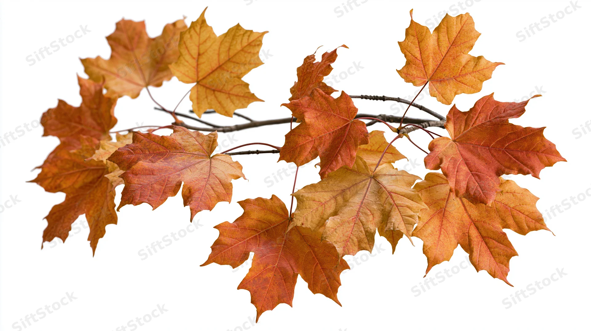 Maple branch with autumn leaves in full fall color isolated on white