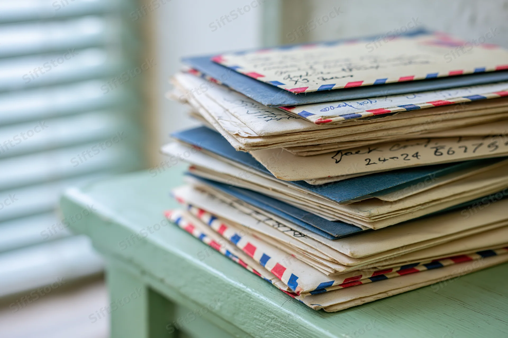 Stack of old handwritten letters and envelopes on a green wooden table near a window