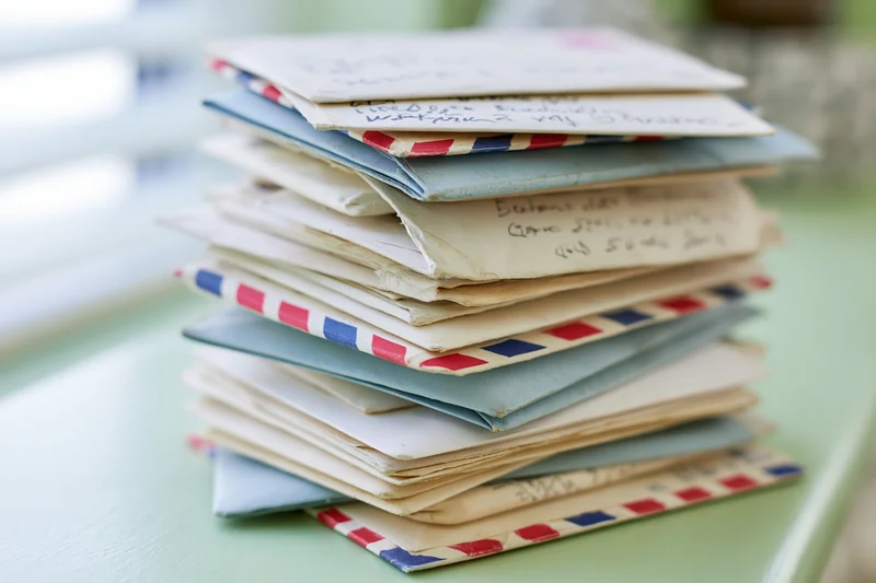 Stack of old handwritten letters and envelopes on a pale green table