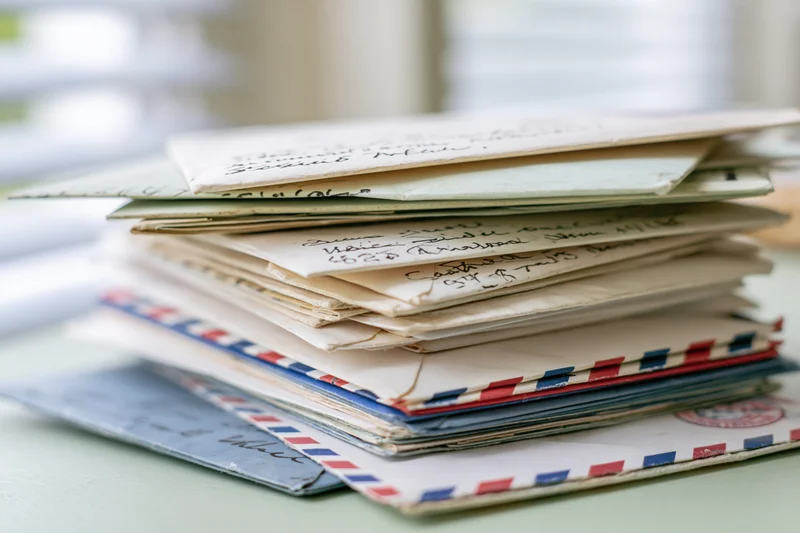 Stack of old handwritten letters and envelopes with airmail stripes on a pale green surface