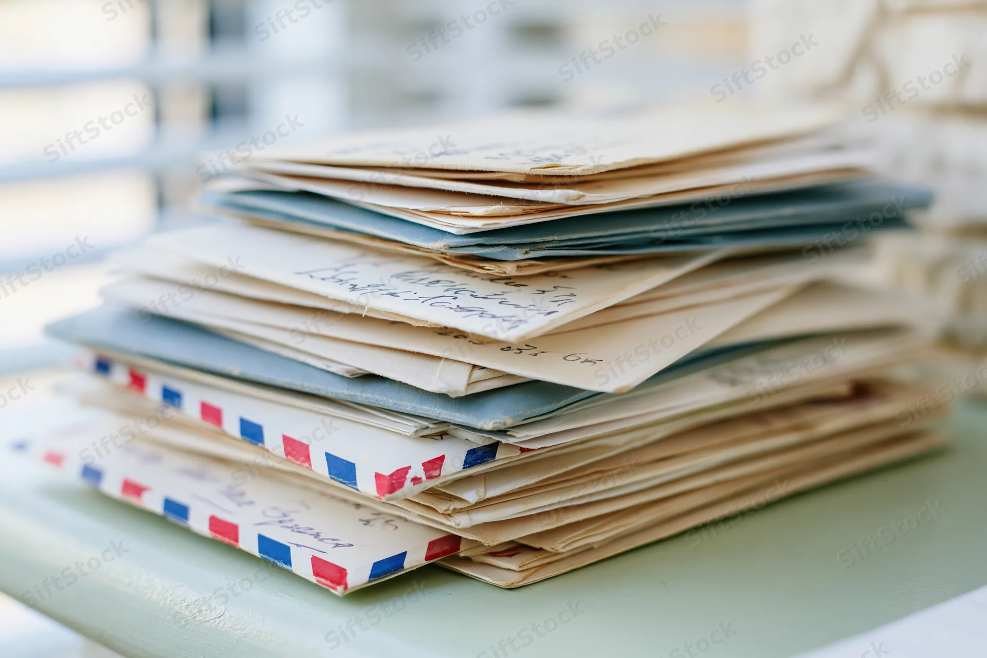 Stack of old handwritten letters and envelopes on a pale green table