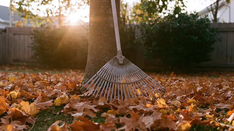 Metal leaf rake leaning against tree trunk surrounded by fallen autumn leaves in backyard garden