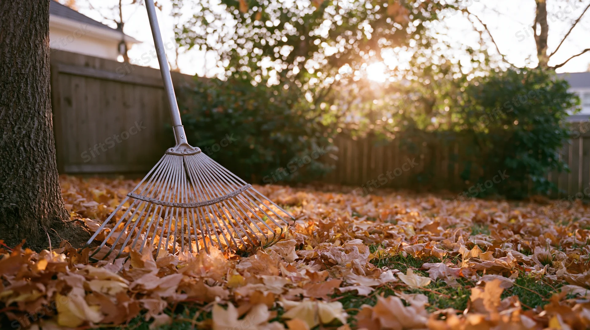 Metal leaf rake leaning against tree trunk in yard covered with fallen autumn leaves