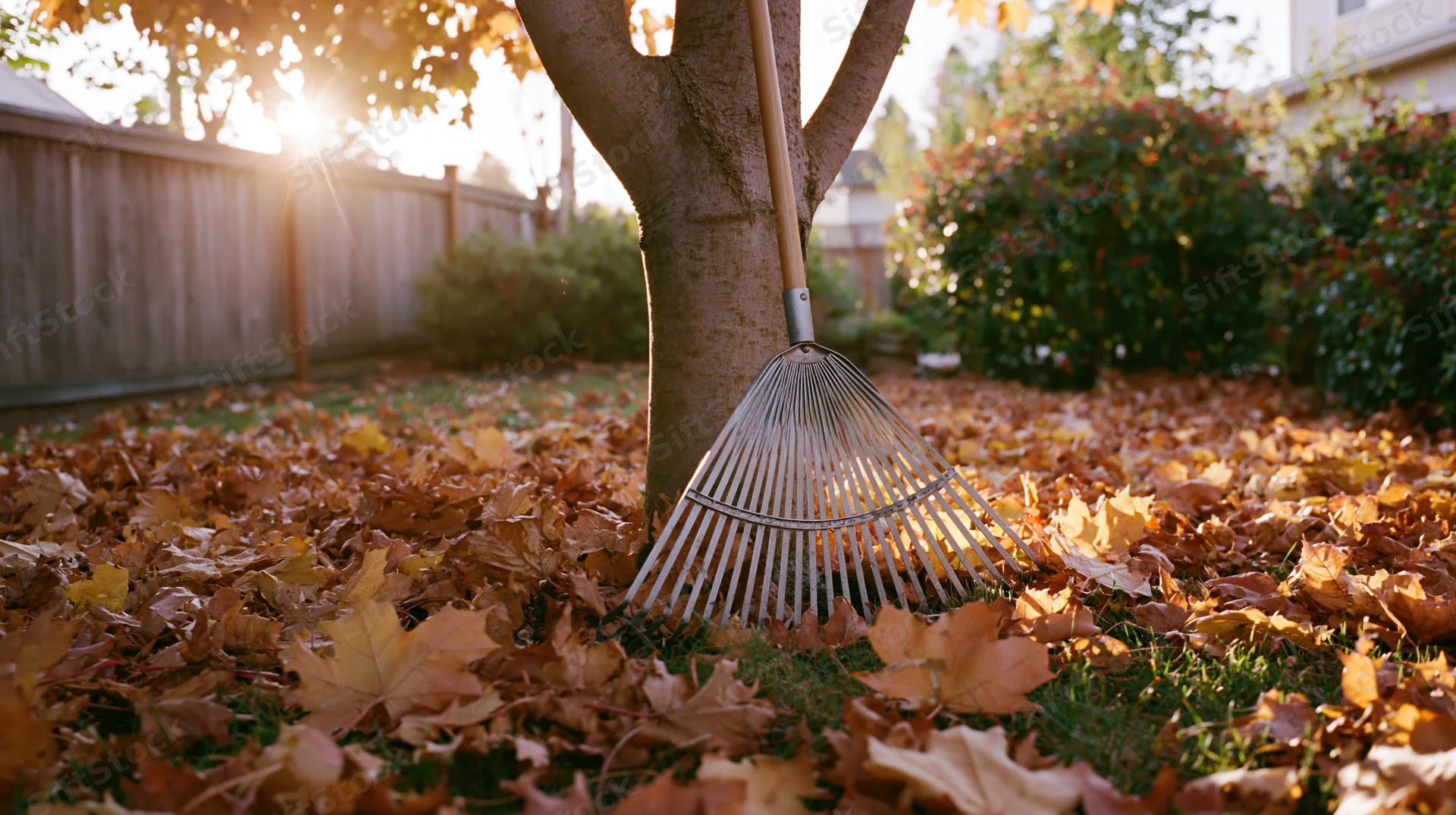 Metal leaf rake leaning against tree trunk in yard covered with fallen autumn leaves