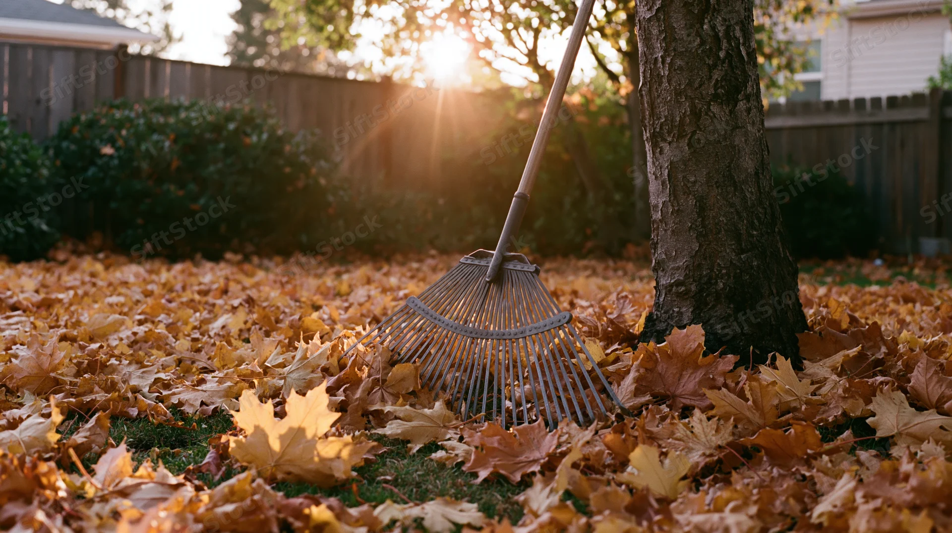 Metal leaf rake leaning against tree trunk in yard covered with fallen autumn leaves at sunset