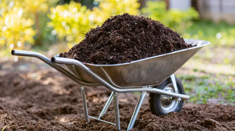 Metal wheelbarrow filled with dark brown compost in a tilled garden yard