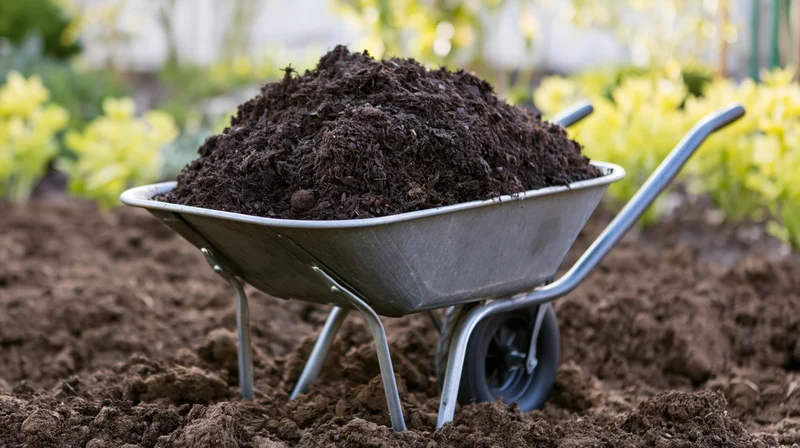 Metal wheelbarrow filled with dark compost resting on tilled soil in a garden