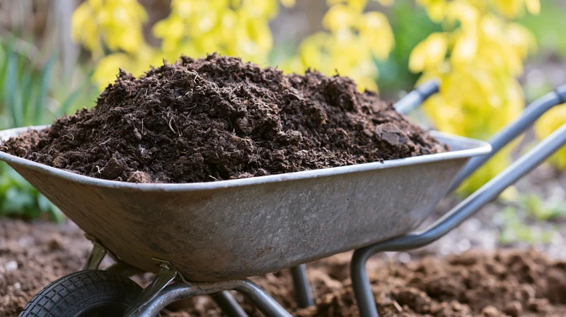 Metal wheelbarrow filled with dark compost in a garden setting