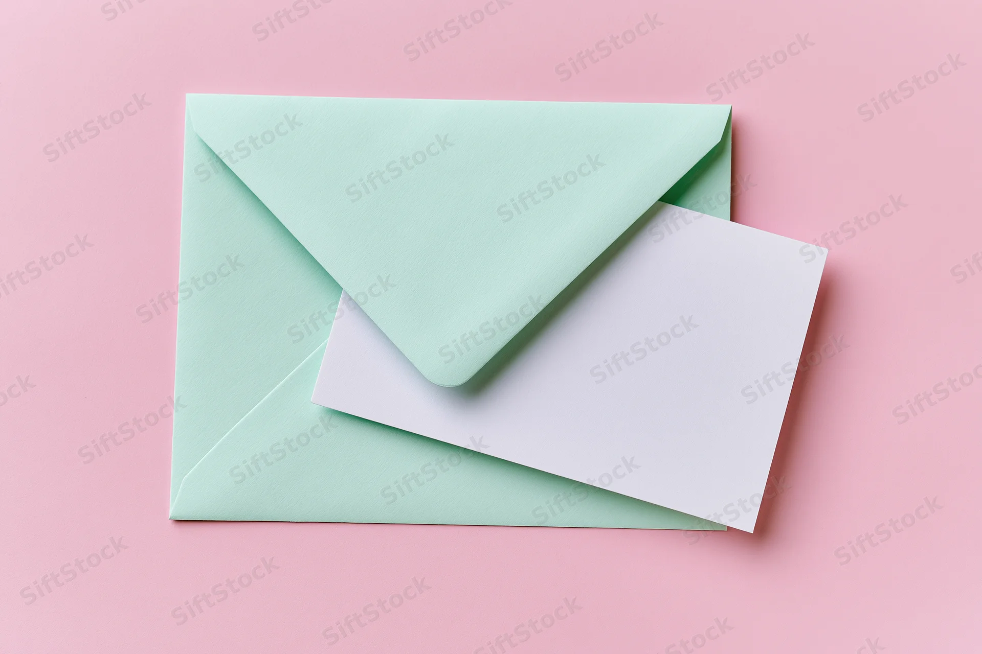 Mint green envelope with blank white card on pink background