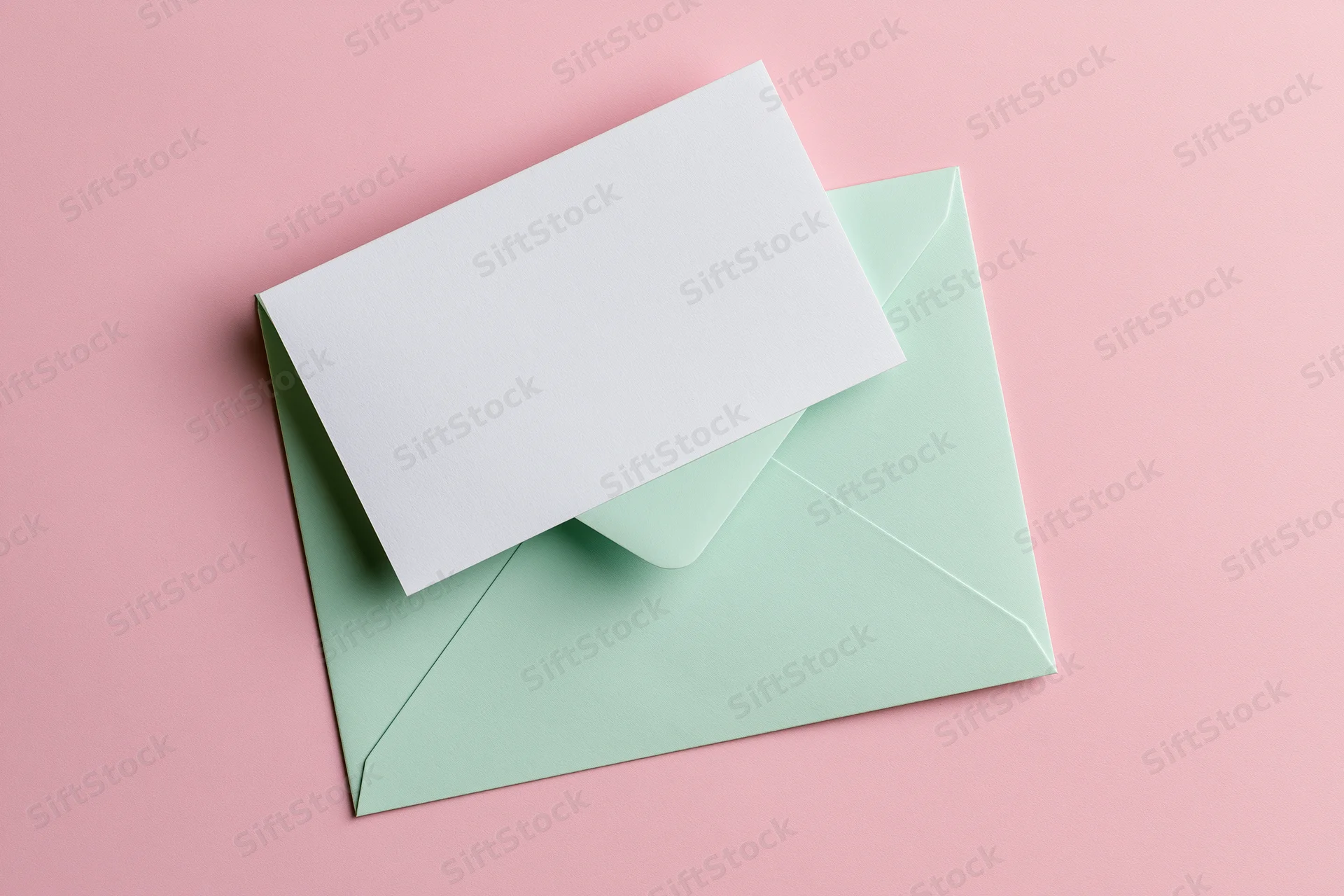 Mint green envelope with blank white card on pink background