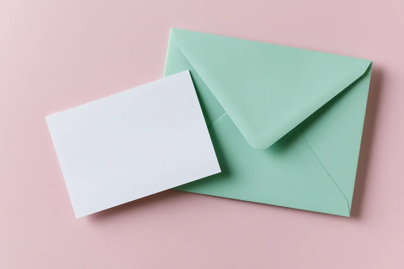 Mint green envelope with blank white card on pink background